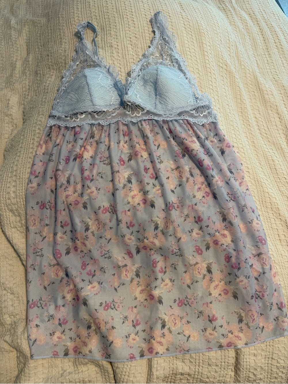 Jessica Simpson Light Blue Floral Lace Babydoll Chemise